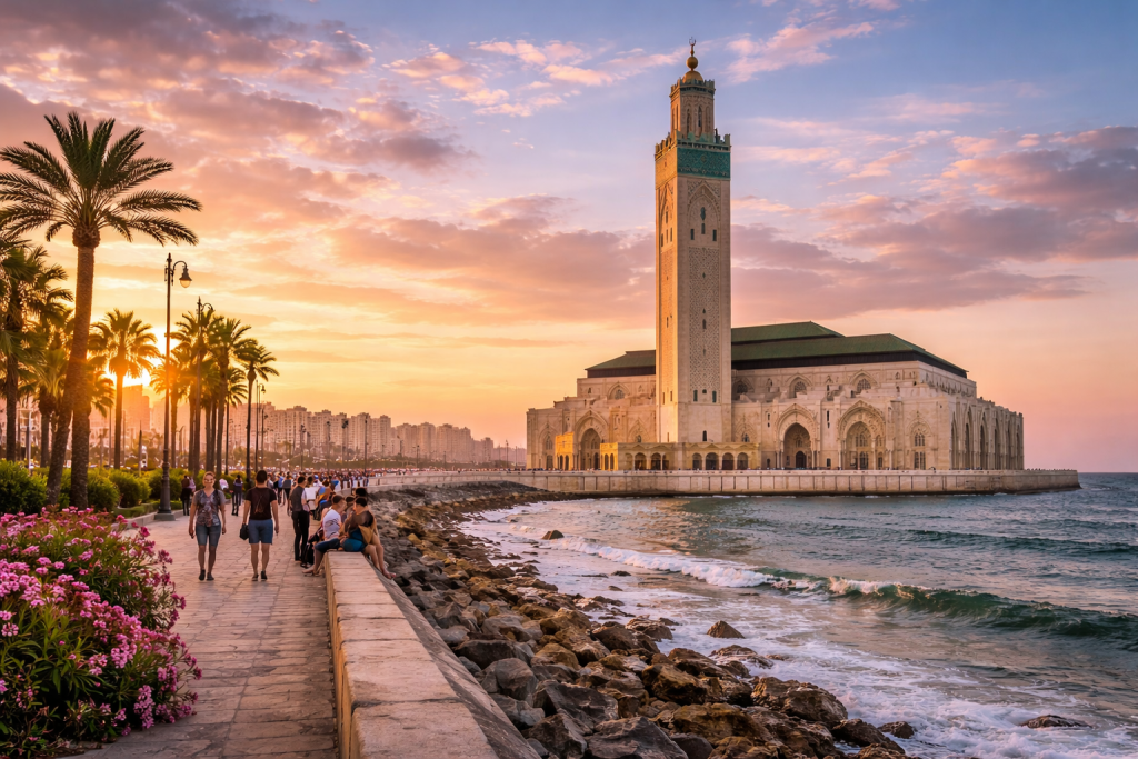 Hassan II Mosque in Casablanca overlooking the sea, a destination for dialysis travelers arranging treatment abroad.