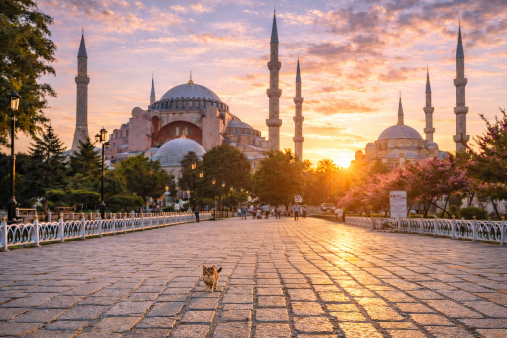 Istanbul skyline with Hagia Sophia and Blue Mosque at sunset with a small cat walking, a destination for dialysis travelers including patients with Hepatitis B or C.