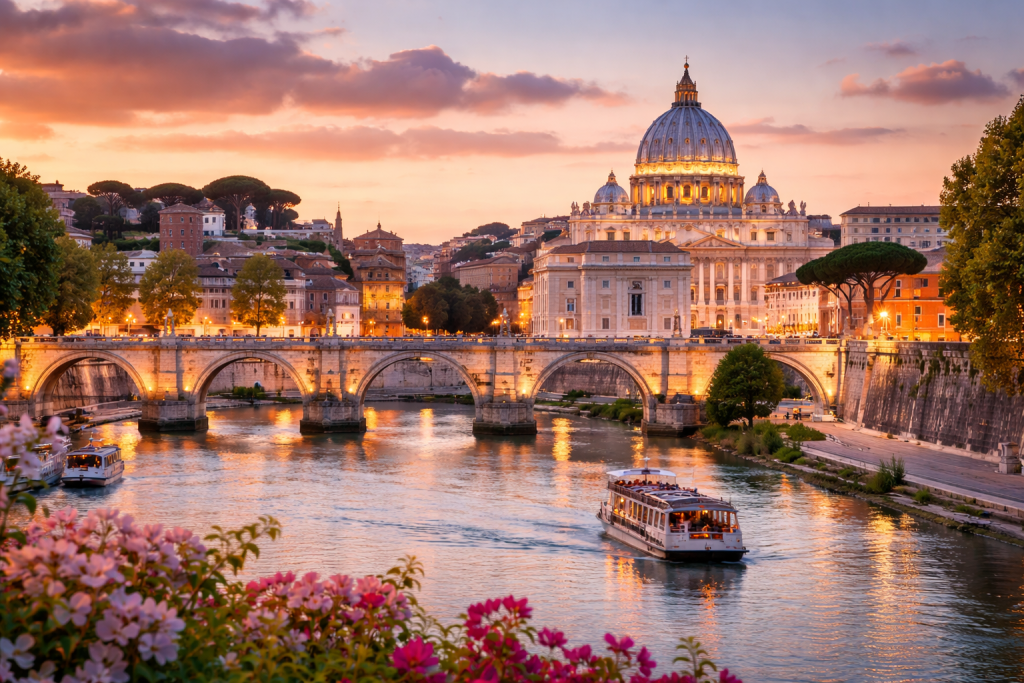 Rome Italy view of St Peter's Basilica and the Tiber River, a popular Mediterranean travel destination.