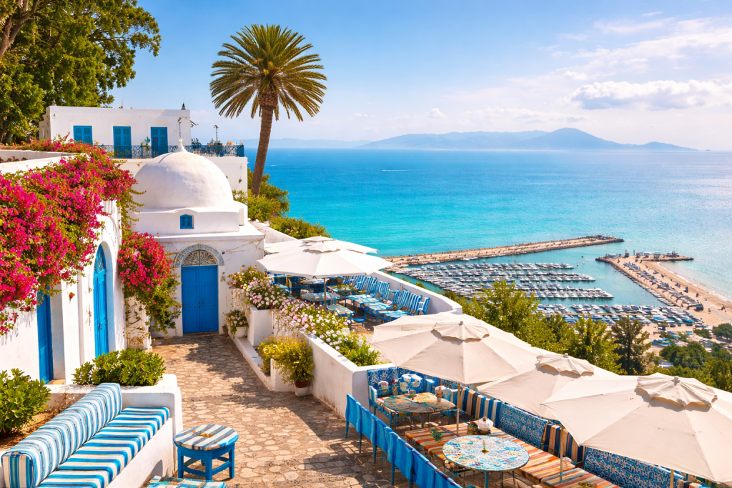 Sidi Bou Said in Tunisia overlooking the Mediterranean Sea, a destination for dialysis travelers including patients with Hepatitis B or C.