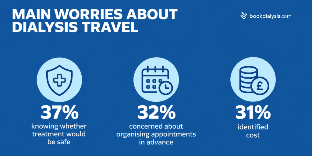 Dialysis travel research showing 37% worried about treatment safety, 32% about organising appointments in advance and 31% about cost.